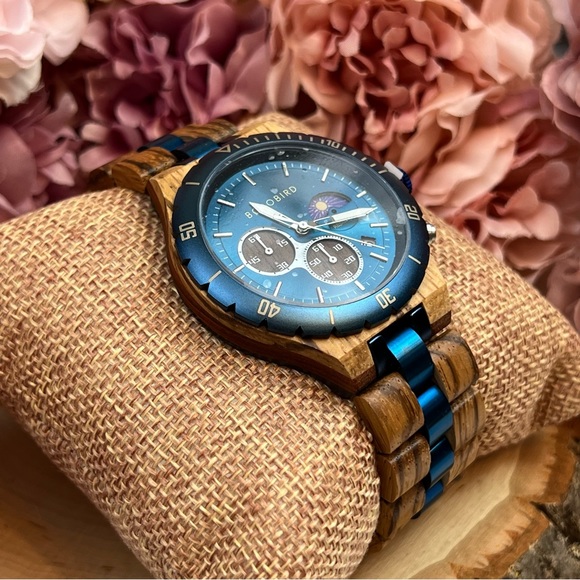 Luxury Zebra Wood Blue Chronograph Military Quartz Watch - Picture 7 of 16